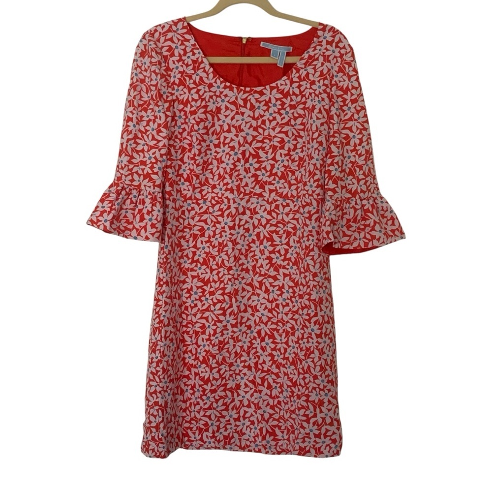 Draper James Red White & Turquoise Floral Dress with Bell Sleeves Size 6